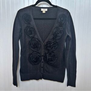 LOFT Gray & Black Fabric Rosette V-Neck Cardigan Sweater Women’s Size Small